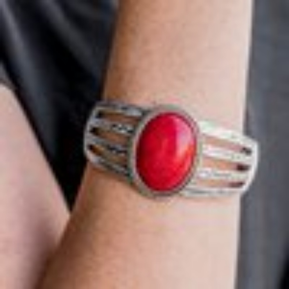 Silver Bracelet with Large Red Oval Stone